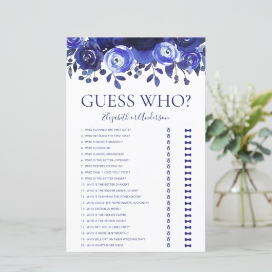 Blue Floral Rate Who Brautparty Game (Stehend Vorderseite)