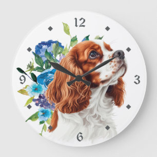 Blue Floral Red Cavalier King Charles Spaniel Dog Große Wanduhr