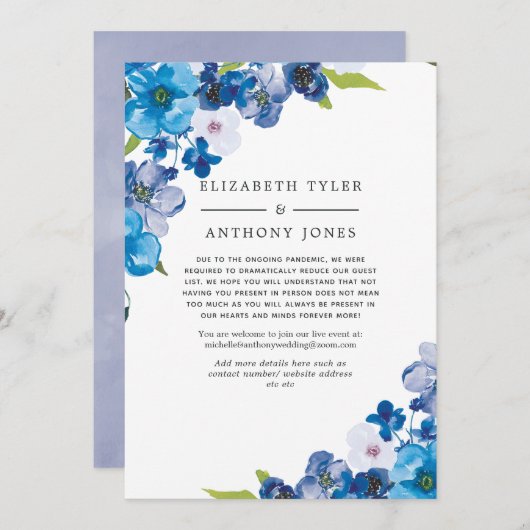 Blue Floral Reduced Wedding Guest List Ankündigung (Vorne/Hinten)