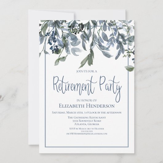 Blue Floral Retirement Party Einladung (Vorderseite)