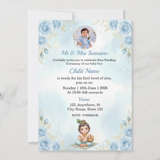 Blue Floral Rice Feeding Ceremony Invitation Einladung (Vorderseite)