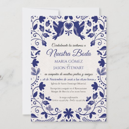 Blue Floral Romantic Aesthetic Spanish Wedding Einladung (Vorderseite)