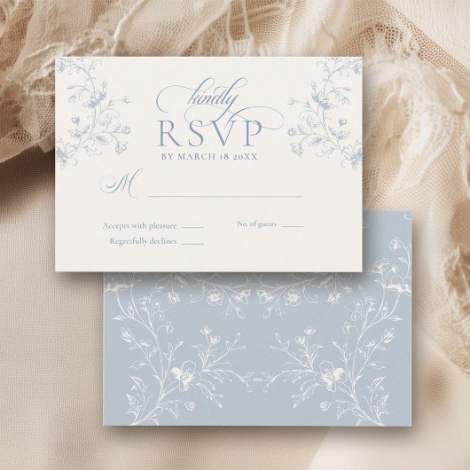 Blue Floral Romantic Calligraphy Garden Wedding RSVP Karte