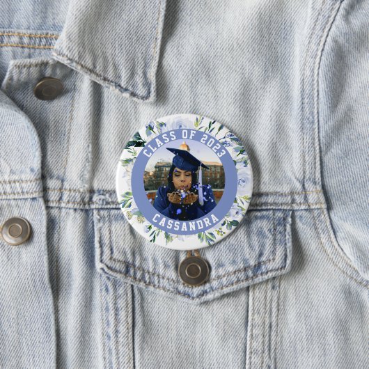 Blue Floral Rose Abschluss Foto Button (Beispiel)