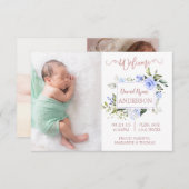 Blue Floral Rose Gold Boy Foto Geburtsankündigung Ankündigung (Vorne/Hinten)