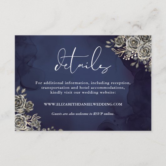 Blue Floral Rose Gothic Wedding Details Begleitkarte (Vorderseite)