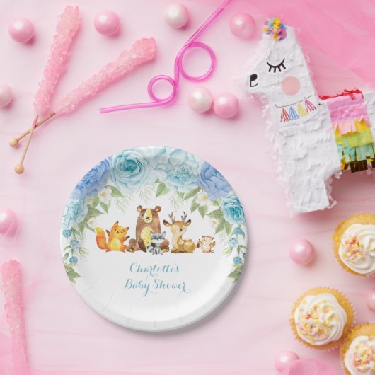 Blue Floral Rose Woodland Forest Boy Baby Dusche Pappteller (Party)