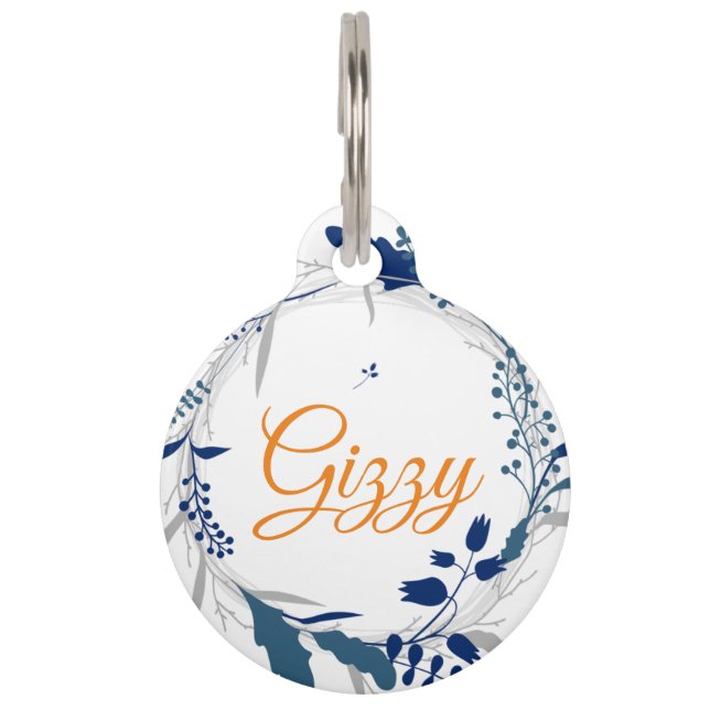 Blue Floral Round Pen Tag Haustiermarke (Vorderseite)