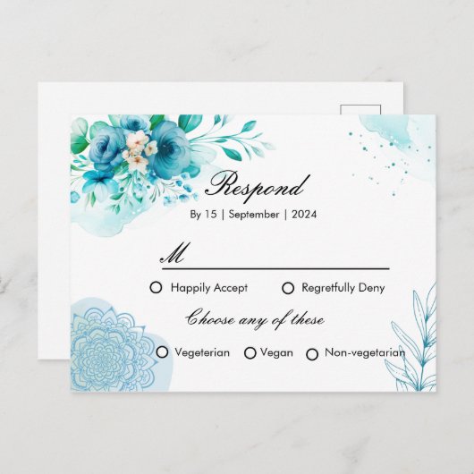 Blue floral RSPV Einladungskarte für Hochzeiten (Vorne/Hinten)