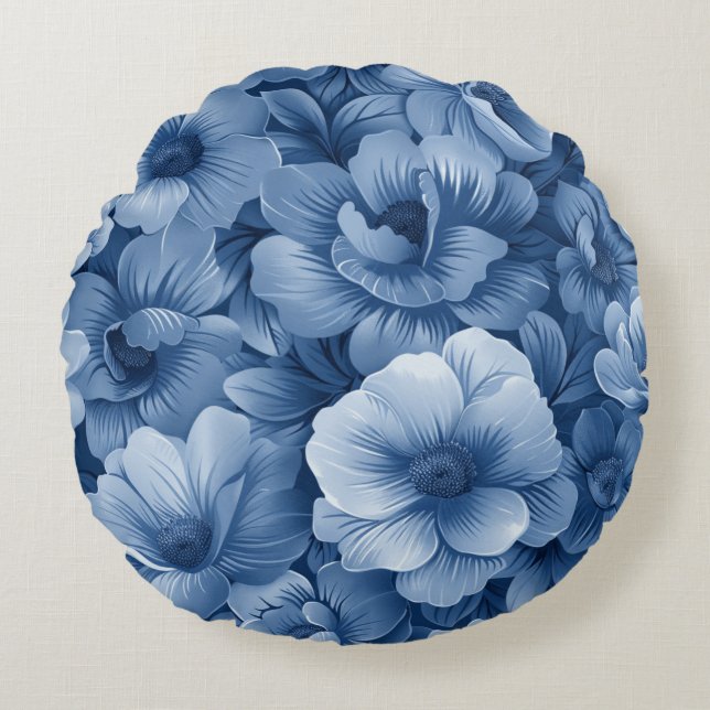 Blue Floral Rundes Kissen (Vorderseite)
