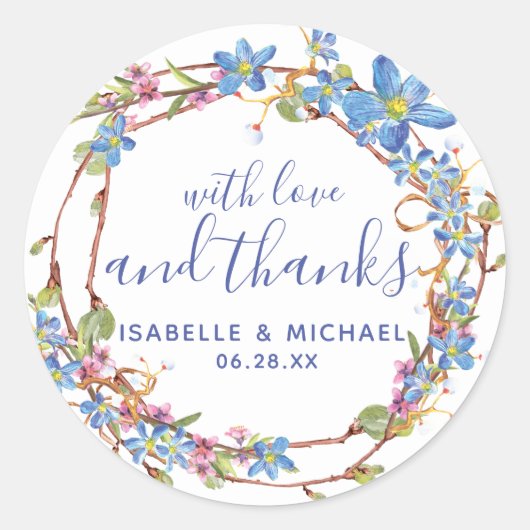 Blue Floral Rustic Grapevine Wedding Vielen Dank Runder Aufkleber (Vorderseite)