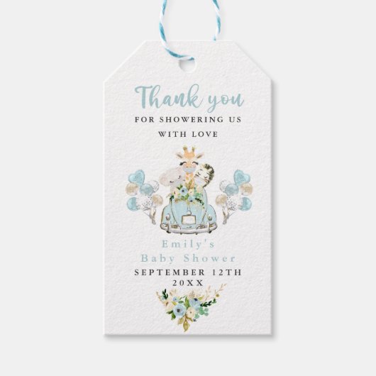 Blue Floral Safari Animals Drive by Baby Dusche Geschenkanhänger (Vorderseite)