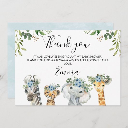 Blue Floral Safari Baby Dusche Danke Karte (Vorne/Hinten)