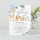 Blue Floral Safari Wild One Baby Dusche Einladung (Stehend Vorderseite)