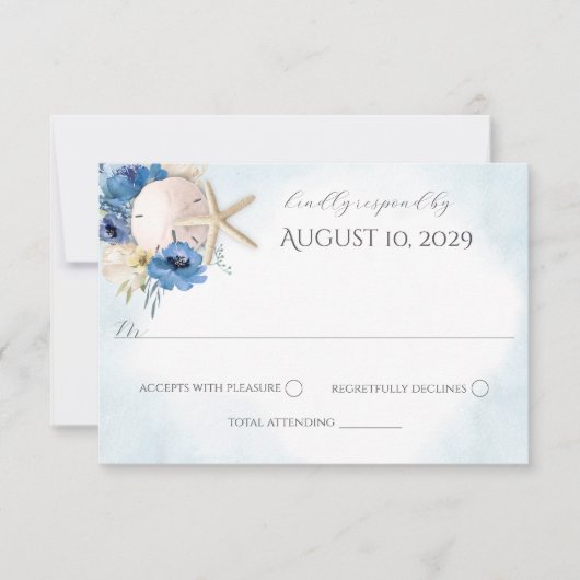 Blue Floral Sand Dollar Beach Einladung Hochzeitsf (Vorderseite)