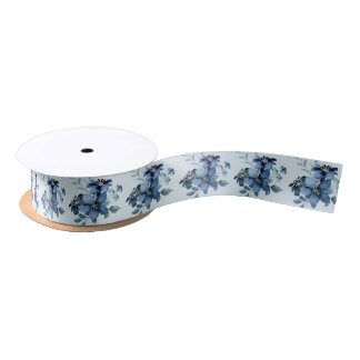 Blue Floral Satin Ribbon Satinband