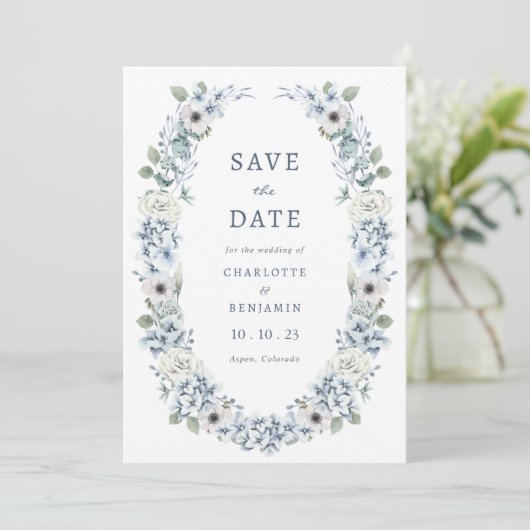 Blue Floral Save the Date (Stehend Vorderseite)