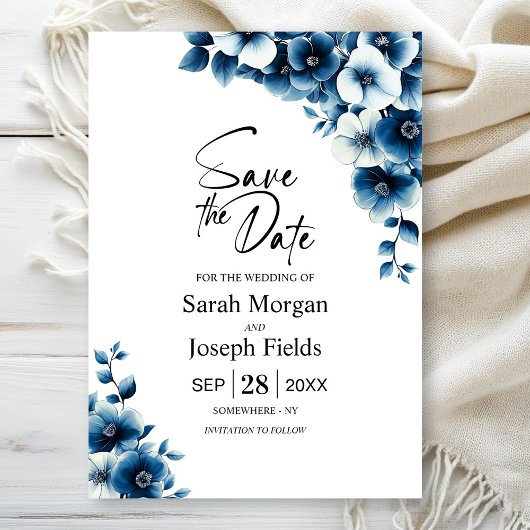 Blue Floral Save the Date Einladung