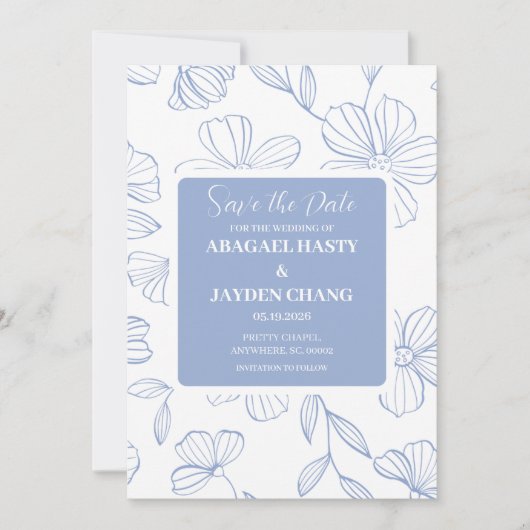 Blue Floral Save the Date Einladung (Vorderseite)