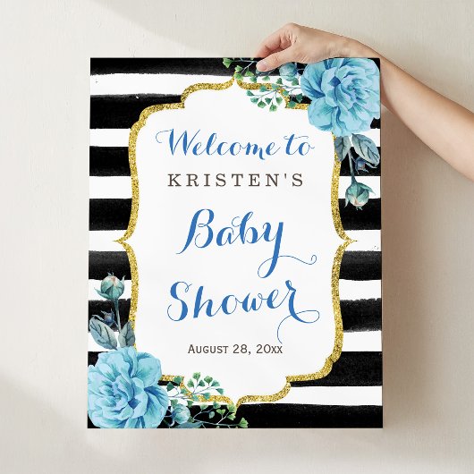 Blue Floral Schwarz-weiß Stripe Baby Duschzeichen Poster