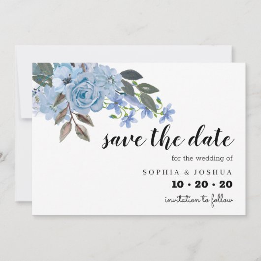 Blue Floral Script Save the Data Date (Vorderseite)