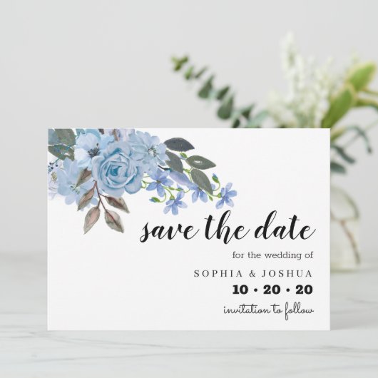 Blue Floral Script Save the Data Date (Stehend Vorderseite)