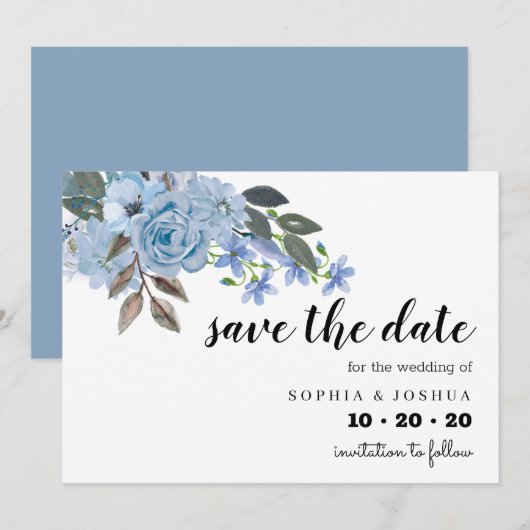 Blue Floral Script Save the Data Date (Vorne/Hinten)