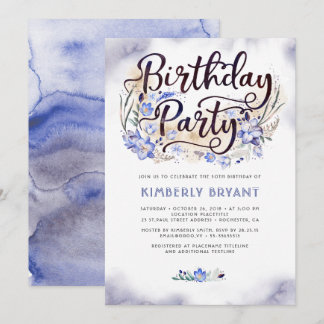 Blue Floral Script Watercolor Geburtstagsparty Einladung