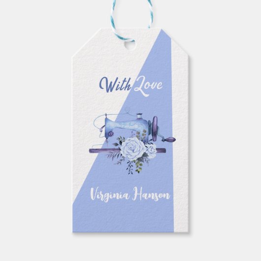 Blue Floral Seamstress Nähmaschine mit Liebe Geschenkanhänger (Vorderseite)