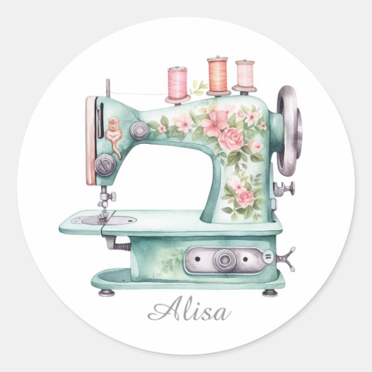Blue Floral Sewing Machine Round Stickers (Vorderseite)