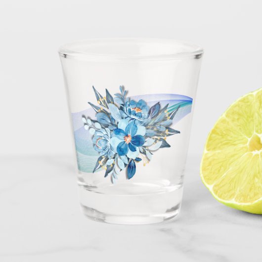 Blue Floral Shotglass Gastgeschenk Hochzeit Schnapsglas (Vorderseite)
