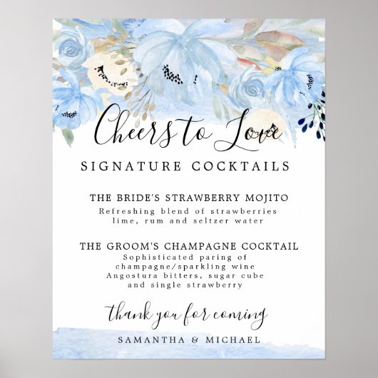 Blue Floral Signature Cocktails Hochzeitszeichen B Poster (Vorne)