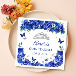 Blue Floral Silver Butterfells Quinceanera Napkins Serviette