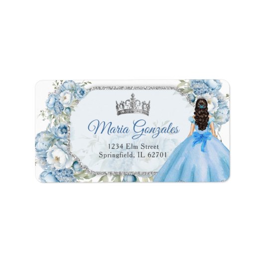 Blue Floral Silver Crown Quinceañera Adresse Adressaufkleber (Vorne)