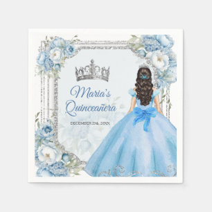 Blue Floral Silver Crown Quinceañera Paper Serviette