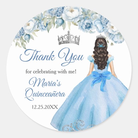 Blue Floral Silver Crown Quinceañera Vielen Dank Runder Aufkleber (Vorderseite)