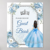 Blue Floral Silver Crown Quinceñera Gästebuch (Vorne)