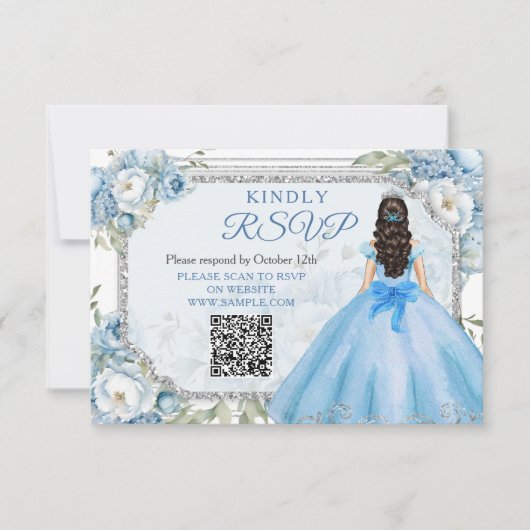 Blue Floral Silver Crown Quinceñera QR Rsvp Card Dankeskarte (Vorderseite)