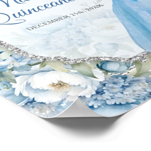 Blue Floral Silver Crown Quinceñera Willkommen Poster (Ecke)
