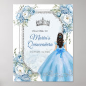 Blue Floral Silver Crown Quinceñera Willkommen Poster (Vorne)