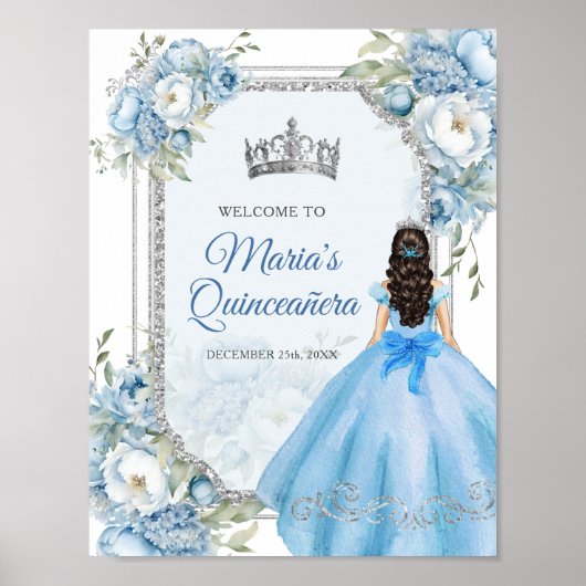 Blue Floral Silver Crown Quinceñera Willkommen Poster (Vorne)