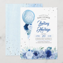 Blue Floral Silver Glitzer Balloon Babydusche