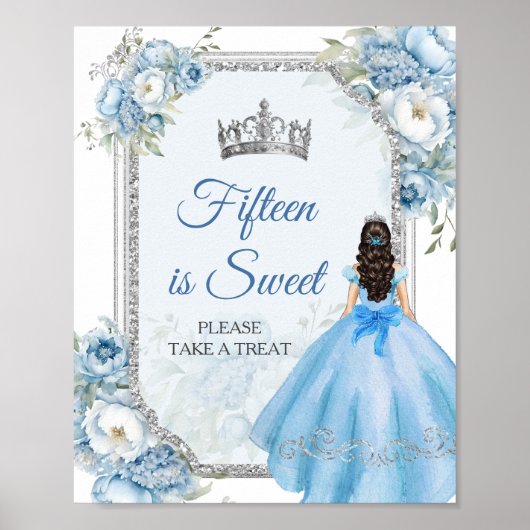 Blue Floral Silver Quinceañera Fünfzehn ist süß Poster (Vorne)