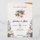 Blue Floral Simple Wedding Folieneinladung (Vorderseite)
