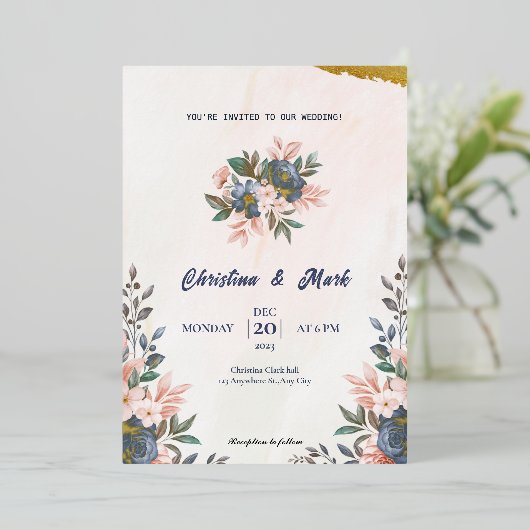 Blue Floral Simple Wedding Folieneinladung (Stehend vorne)