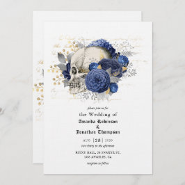 Blue Floral Skull Halloween Gothic Wedding Einladung