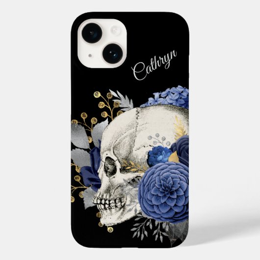 Blue Floral Skull Personalisiert Case-Mate iPhone Hülle (Rückseite)