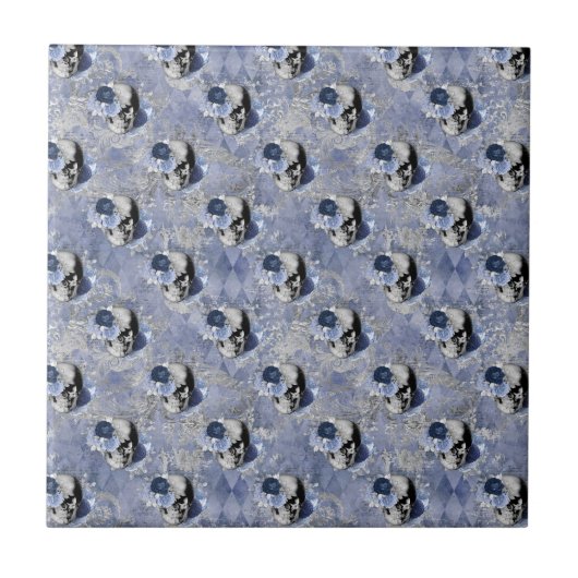 Blue Floral Skull Serie Design 2 Fliese (Vorderseite)