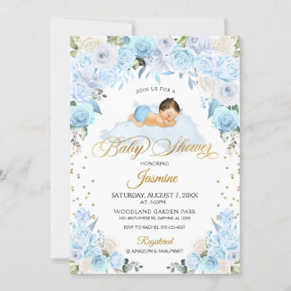 Blue Floral Sleeping Baby Dusche Einladung