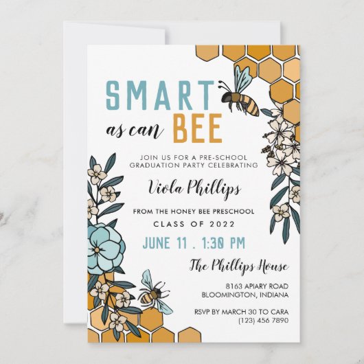 Blue Floral Smart wie kann Vorschule Abschluss Einladung (Vorderseite)